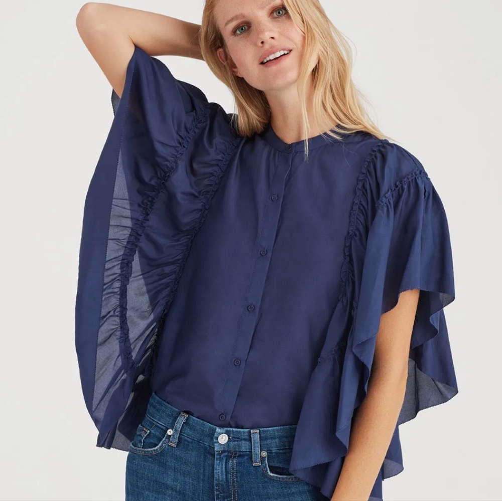7ForAllMankind Butterfly Sleeve Silk Blend Midnite Blue Button Blouse Size M